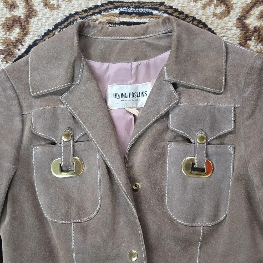 Irving Posluns 1970s Suede Coat Leather Jacket with Gold Hardware 70s Retro Fall - Picture 3 of 16